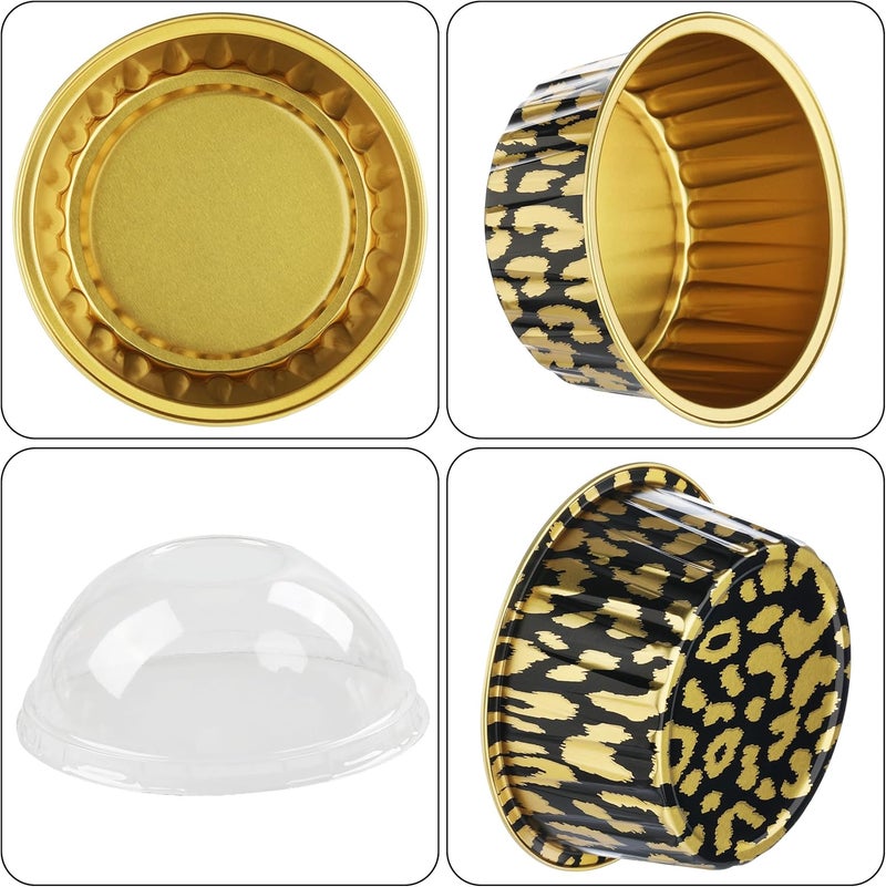 BAKINGPAK Aluminum Foil Baking Cups with Lids, 50PCS 4OZ Mini Cake Pans with Lids Cupcake Liners with Lids Individual Cupcake Containers for Birthday Children Party, Gold Leopard Print - Image 3